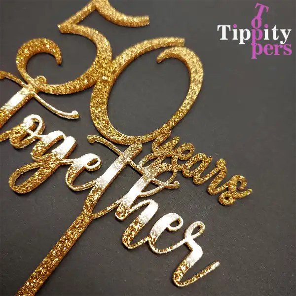 Custom acrylic gold glitter cake topper for 50th wedding anniversary