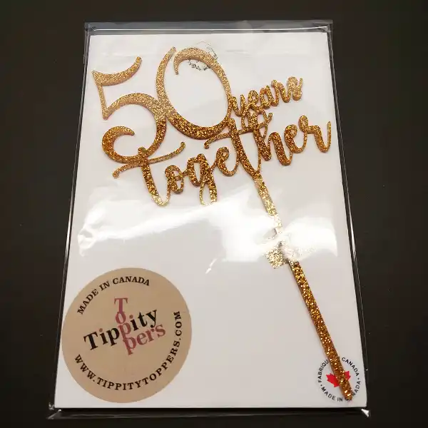 50 Years Together cake topper for 50th wedding anniversary in acrylic gold glitter