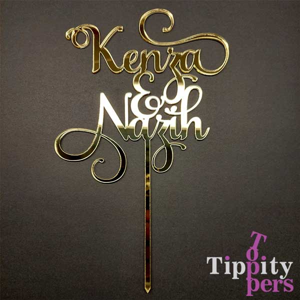Acrylic gold wedding cake topper with couple names