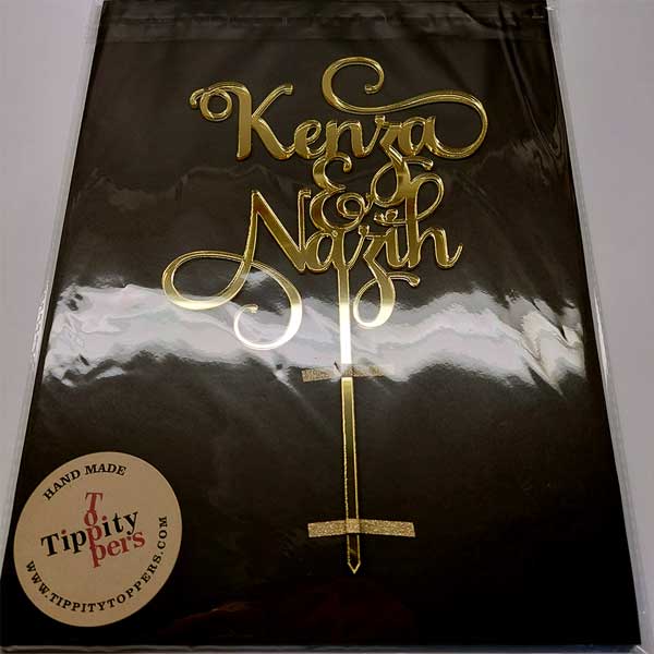 Wedding cake topper with spouses name made in acrylic mirror gold