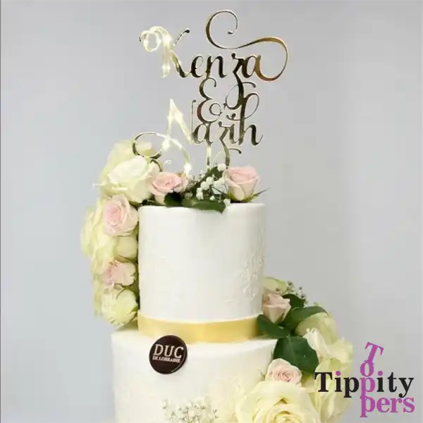 Wedding cake topper with spouses name made in acrylic mirror gold