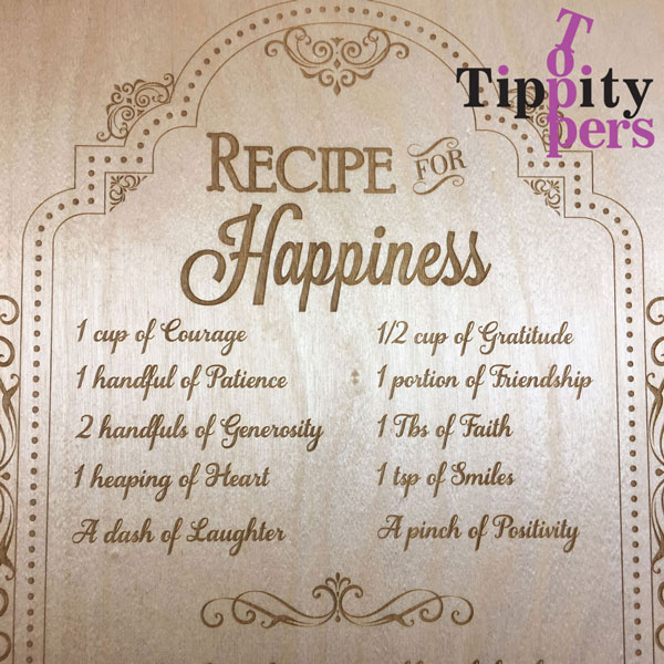 Recipe for Happiness, laser engraved personalized rustic wood sign for kitchen decor or wedding gift