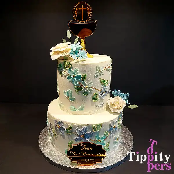 Ensemble calice en acrylique et plaque gravée personnalisée pour gâteau de première communion