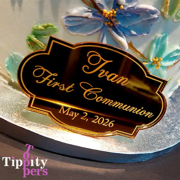 Calice topper en acrylique et plaque gravée personnalisée pour gâteau de première communion