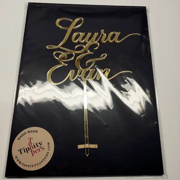 Engagement cake topper with spouses names made in acrylic mirror gold