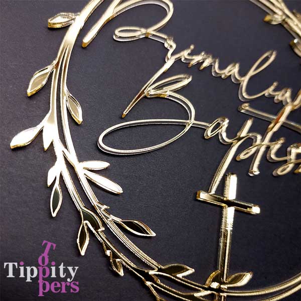 Personalized Acrylic Gold Mirror Cake topper for Baptism
