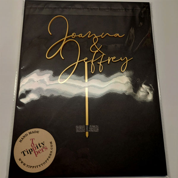 Wedding cake topper with spouses name, made in metallic Gold acrylic