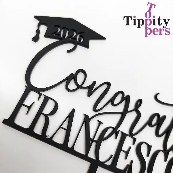 Acrylic Black Satin Cake topper for school graduation, includes name