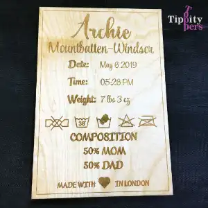 Laser Cut and Engraved Personalized Birth Stats