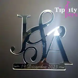 Acrylic Silver Mirror Custom Cake Charm with Bride and Groom Initials and Engraved Wedding date