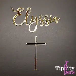 Cake Charm name and cross set in gold mirror acrylic for Confirmation cake