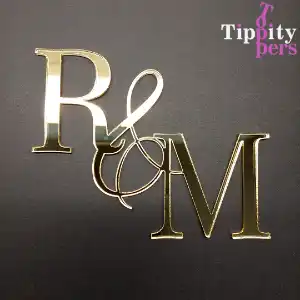 Acrylic Mirror Gold Custom Cake Charm with Bride and Groom Monograms