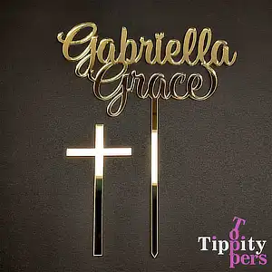 Cake topper in acrylic with name and cross charm for Baptism cake