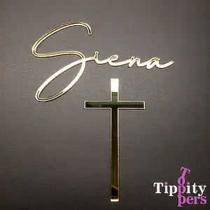 Cake Charm name and cross set in gold mirror acrylic for Confirmation cake
