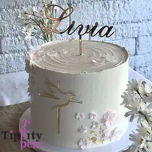 Acrylic cake topper and cross with dove cake charm set in 18K Gold mirror for Baptism, Communion or Confirmation cake