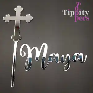 Name and cross cake charms in silver mirror acrylic for Baptism cake