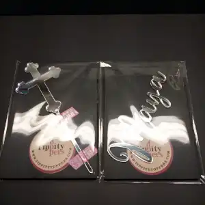 Personalized name and cross cake charms in silver mirror acrylic for Baptism