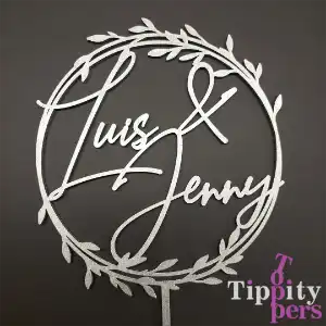 Custom wedding rustic wood wreath with couple names cake topper