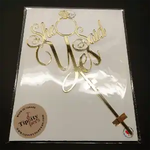 She Said Yes Engagement Cake Topper in 18K Gold mirror acrylic with engagement ring