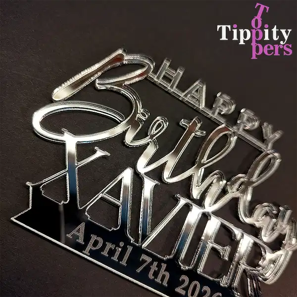 Acrylic silver cake charm for birthday with engraved birthday date