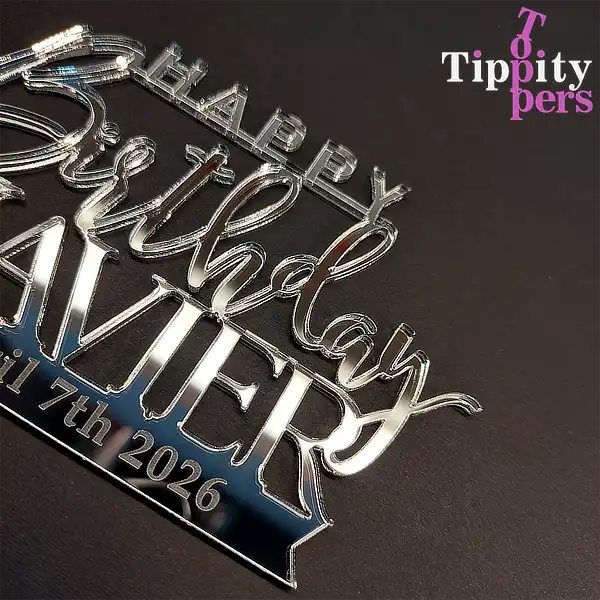 Acrylic Silver Cake charm for with name and engraved birthday date