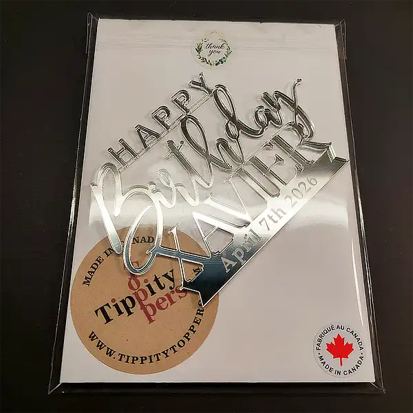 Custom acrylic cake charm for birthday cake personalized with name and engraved date